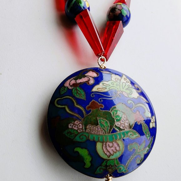 One of a Kind Necklace Vintage-Made Cloisonne, Brazilian Sodalite, Ruby Glass - Picture 3 of 3